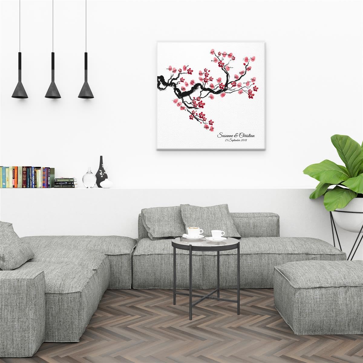 Madyes Płótno Ślub Odciski palców Księga gości Spersonalizowane Drzewo Chińska Cherry dla młodej pary jako prezent, dekoracja ślubna, imiona z datą. 50 x 50 cm rozmiar na blejtramie z drewna