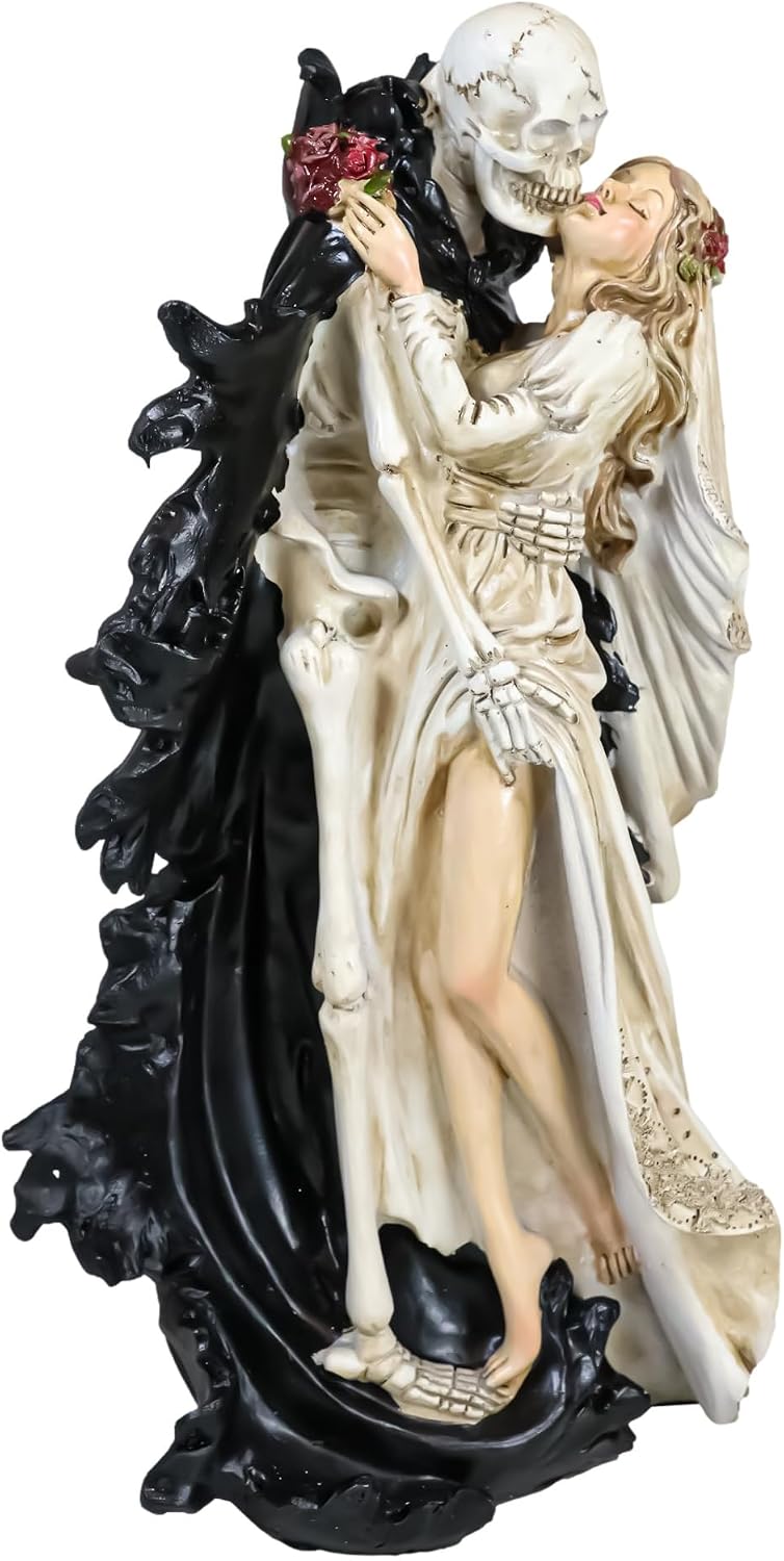 Ebros Wedding Bride and Death Angel Grim Reaper Skeleton The Kiss Figurine 14.25" Tall Love Never Dies Day of The Dead DOD Skulls Ossuary Macabre Graveyard Spooky Halloween Red Roses Decor Statue