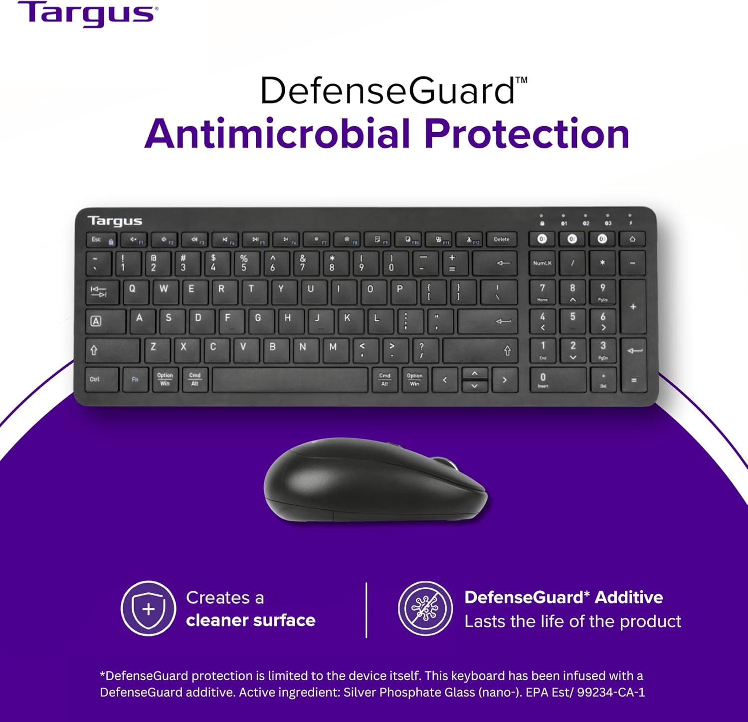Targus keyboard and mouse with text describing DefenseGuard Antimicrobial Protection.