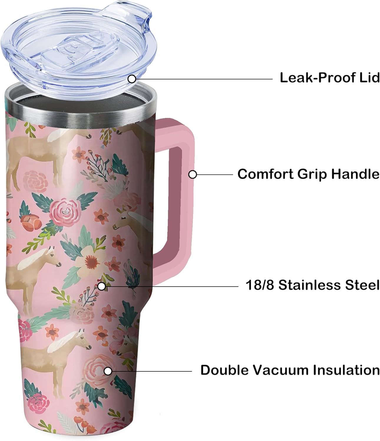 Horse Tumbler with Handle and Straw, 40 oz Stainless Steel Pink Insulated Cup with Lid and Straw,Travel Coffee Mug Water Bottle, Birthday Christmas Mothers Day Gifts for Animal Lovers Women - Image 3