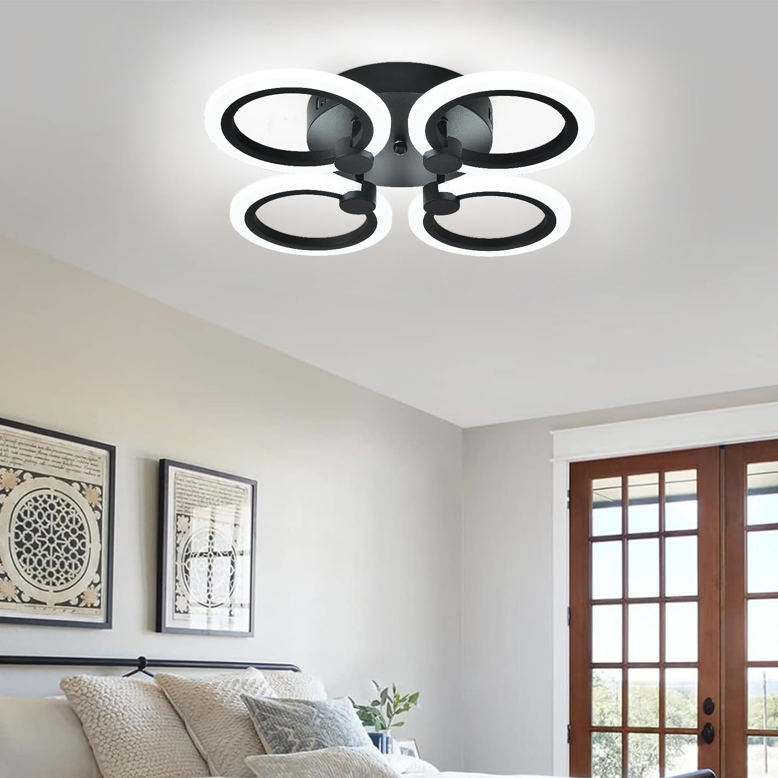 Hudi Fyier Modern LED Ceiling Light, 4 Rings Flush Mount Fixture, Black Close to Ceiling Lamp, 6500K for Bedroom Dining Room