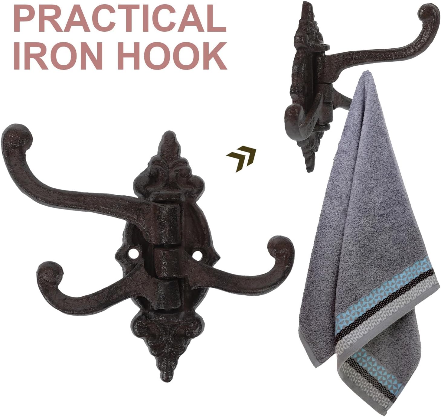 Rustic Cast Iron Wall Hooks with Swivel Arms 2pcs, Vintage Decorative Coat and Bag Hangers for Entryway, Bathroom, and Hallway Storage