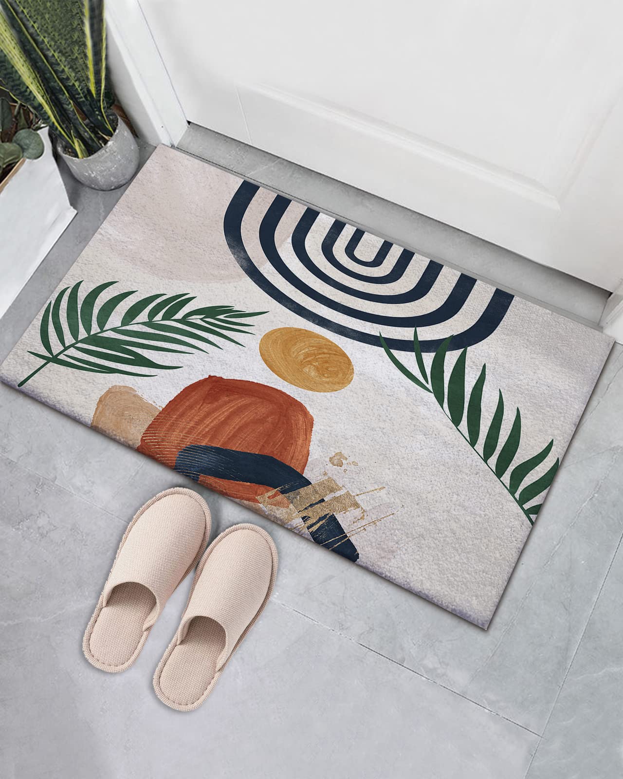 Yun Nist Mid Century Bath Rug,Abstract Boho Leaf Doormat Fluffy Shag Plush Area Rugs,Geometric Minimalist Aesthetic Bathroom Mat Ultra Soft Shaggy Carpet for Kitchen Bathroom Living Room 24×36in