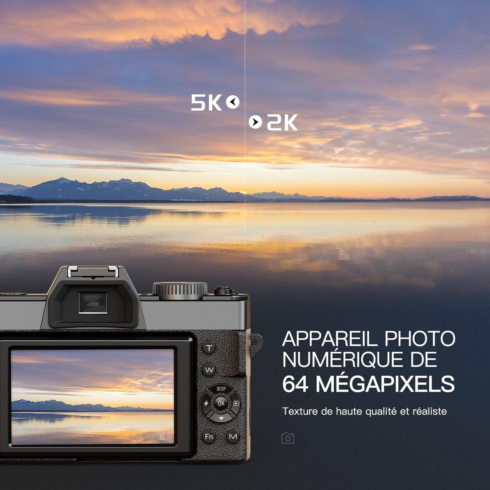 NBD 5K 64MP Appareil Photo numérique avec autofocus, Zoom numérique 16x, Écran IPS 3" 180°, WiFi + Lentille Grand Angle/Macro + Micro Externe + Carte 64GB + 2 Batteries (Noir)