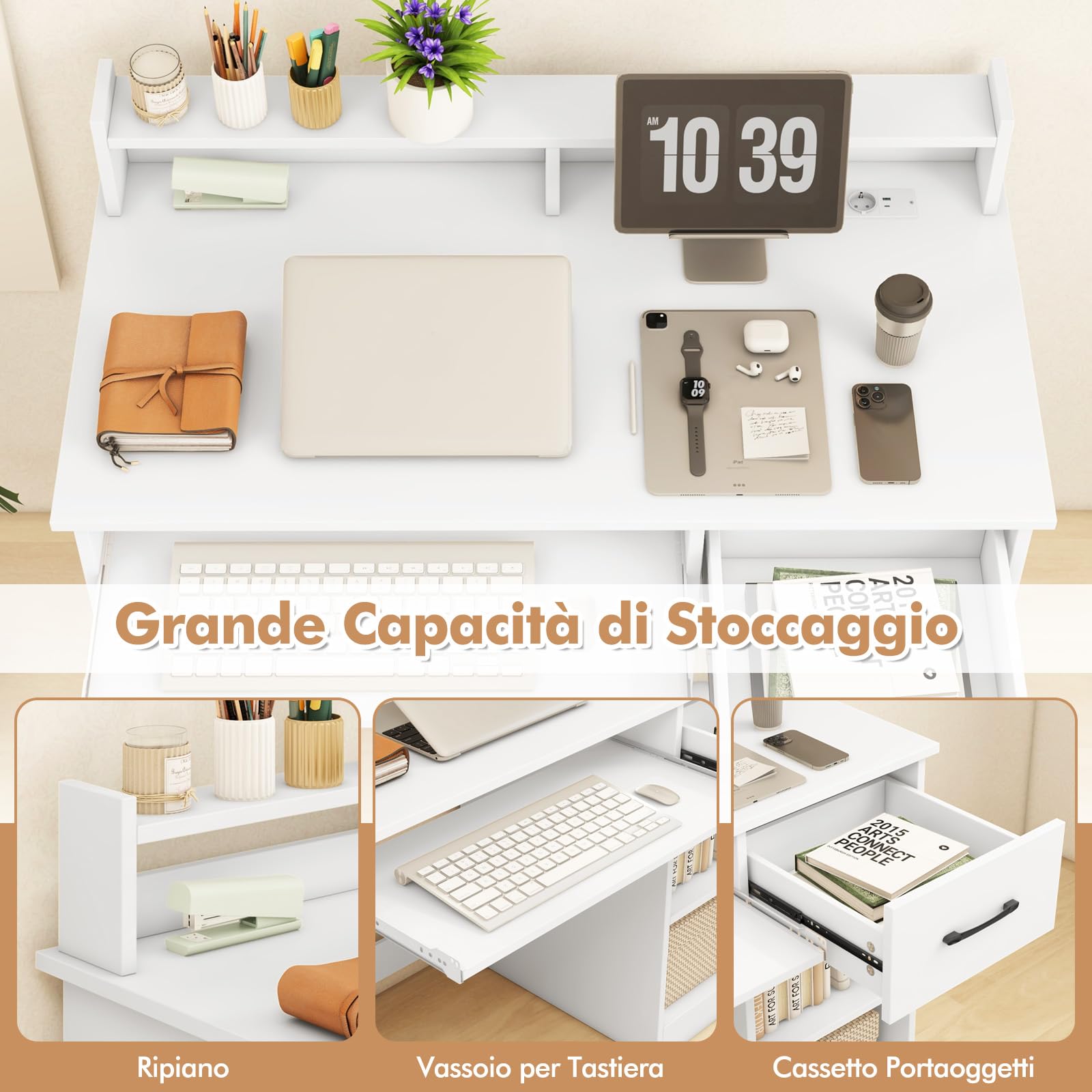 Scrivania Regolabile In Altezza COSTWAY 2-in-1 - Postazione PC Con Ripiano Per Tastiera E Supporto Stampante, Poggiapiedi, Tavolo Compatto 53x55x98 Cm Per Ufficio O Casa