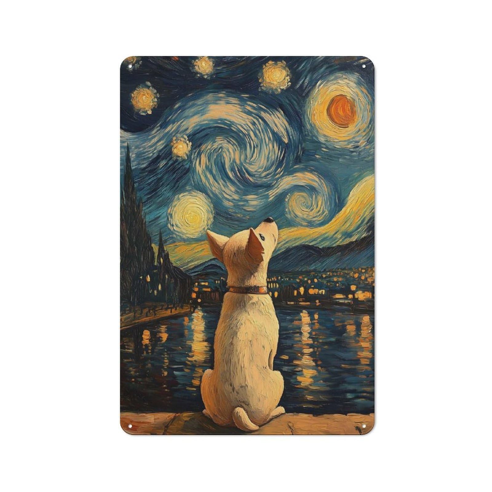Junmoney Style-5 Dog Gazing Starry Night Van Gogh Painting Rustic Metal Plaque 30X20cm For Garage Or Workshop, For Kitchen, Dining Room And Home Bar Wall Decor