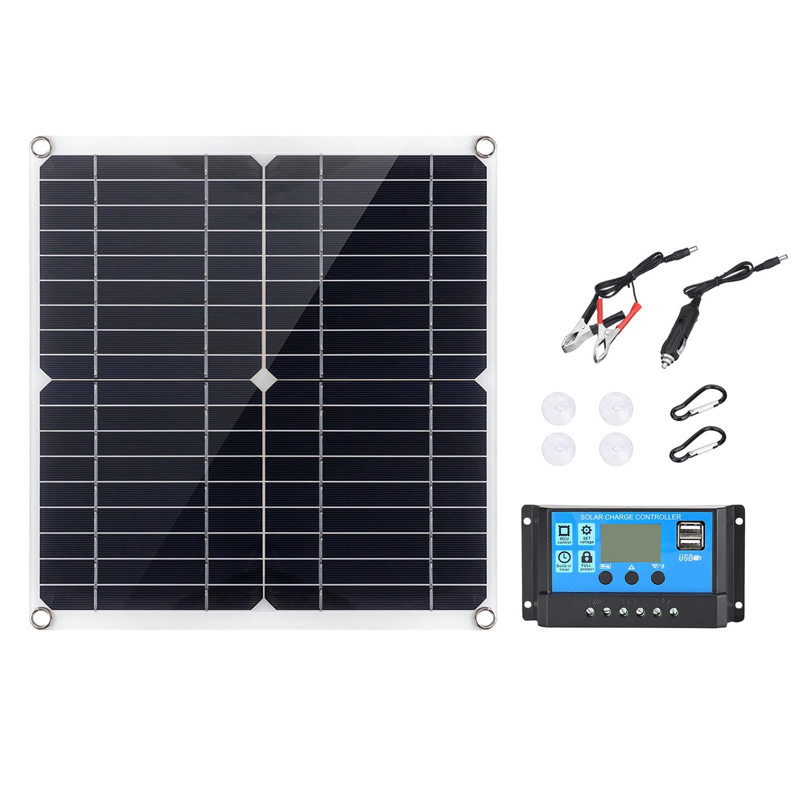 Pannello solare monocristallino da 12 W ~ 15 W, energia solare portatile, doppia porta di ricarica USB per dispositivi da 5 V, ricarica rapida con interfaccia clip per batteria DC5521, leggero (con