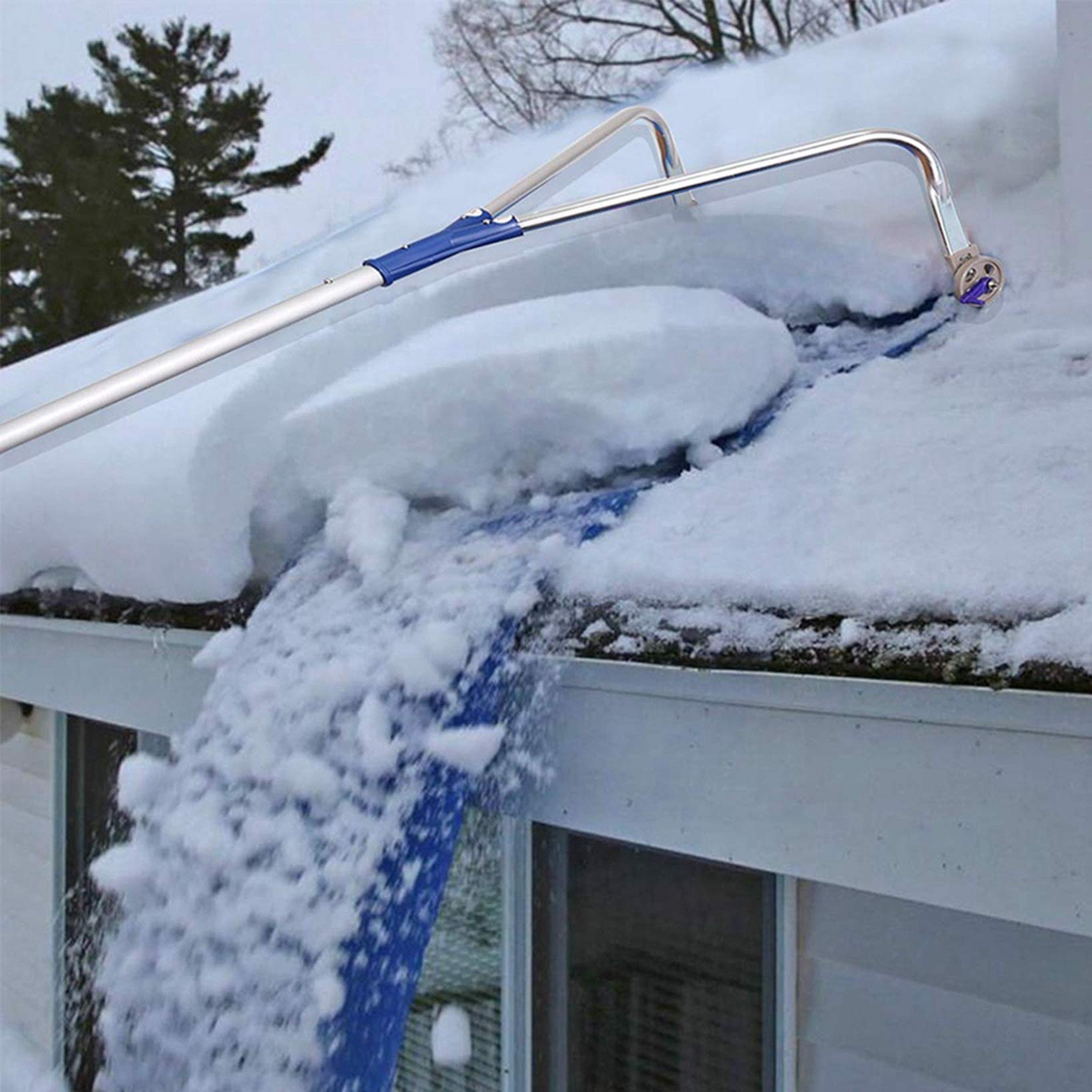 Élimination de la Neige du Toit Pelle de Neige Râteau à Neige Outil réglable Pelle à Neige Roues en Aluminium avec Tissu Oxford pour Aider à éliminer la Neige sur Le Toit,Bleu