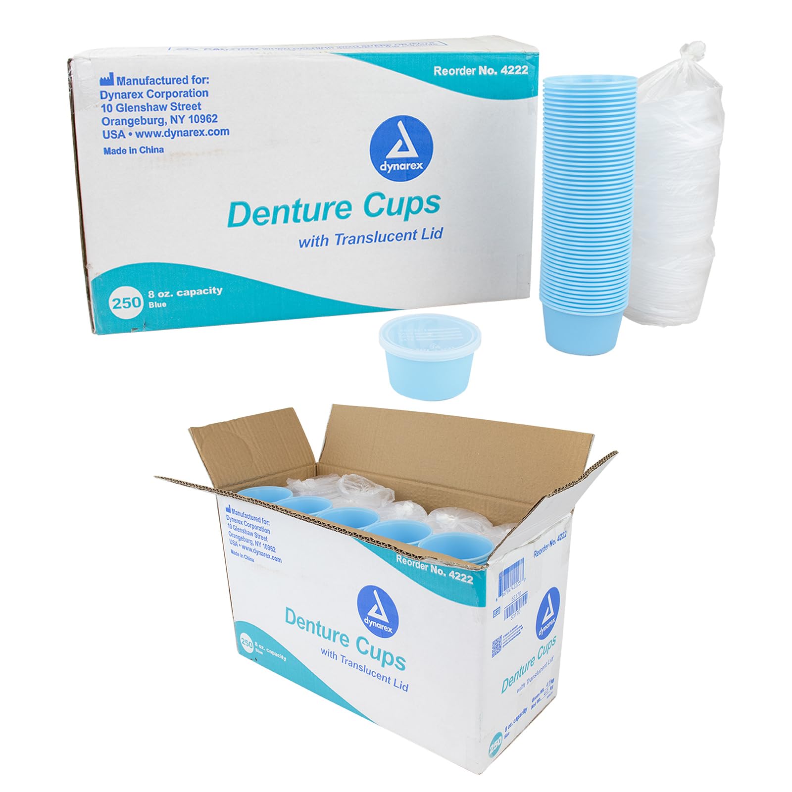 Dynarex Bedside Plastic Denture Cup and Lid - Durable & Hygienic Storage, Prevents Loss or Damage - No DEHP Or Natural Rubber Latex - Case of 250