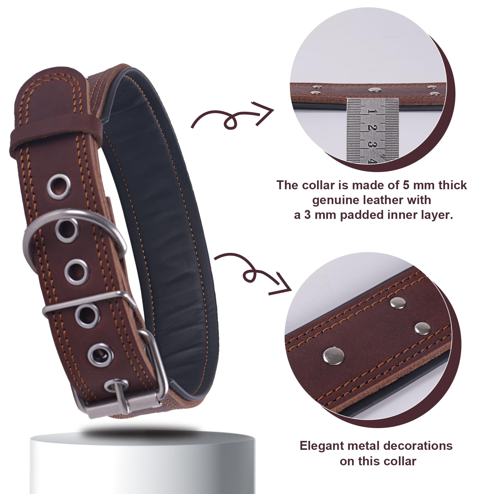 Leather Studded Dog Collar,Padded Extra Thick and 5cm Wide - Image 3