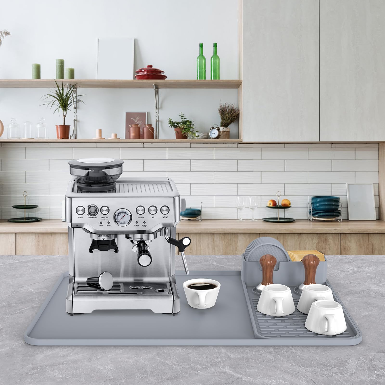 Alfombrilla de café de silicona con 6 posavasos, accesorios de barra de café de 24 x 16 pulgadas, cabe debajo de la cafetera, cafetera, máquina de espresso, tapete de secado de platos desmontable para