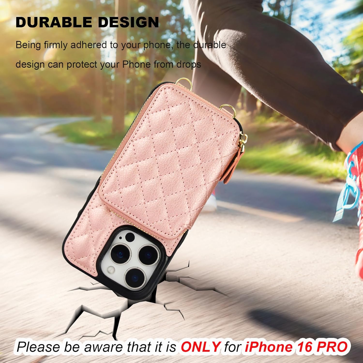 Bocasal Crossbody Wallet Case for iPhone 16 Pro, RFID Blocking PU Leather Zipper Handbag Purse Flip Cover, Kickstand Folio Case with Card Slots Holder Wrist Strap Lanyard 5G 6.3 Inch (Rose Gold)