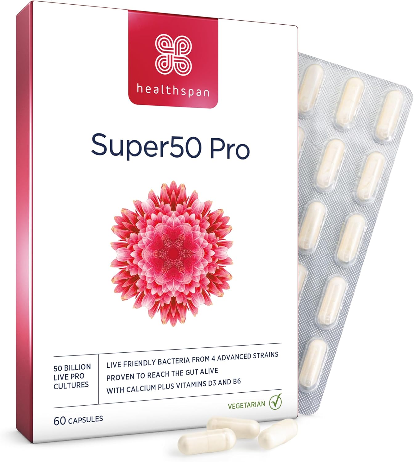 Healthspan Super50 Probiotic | Gut Health | with Vitamin D3 | 50 Billion Live Probiotic Cultures | Vitamin B6 | Calcium | Vegetarian (60 Capsules)