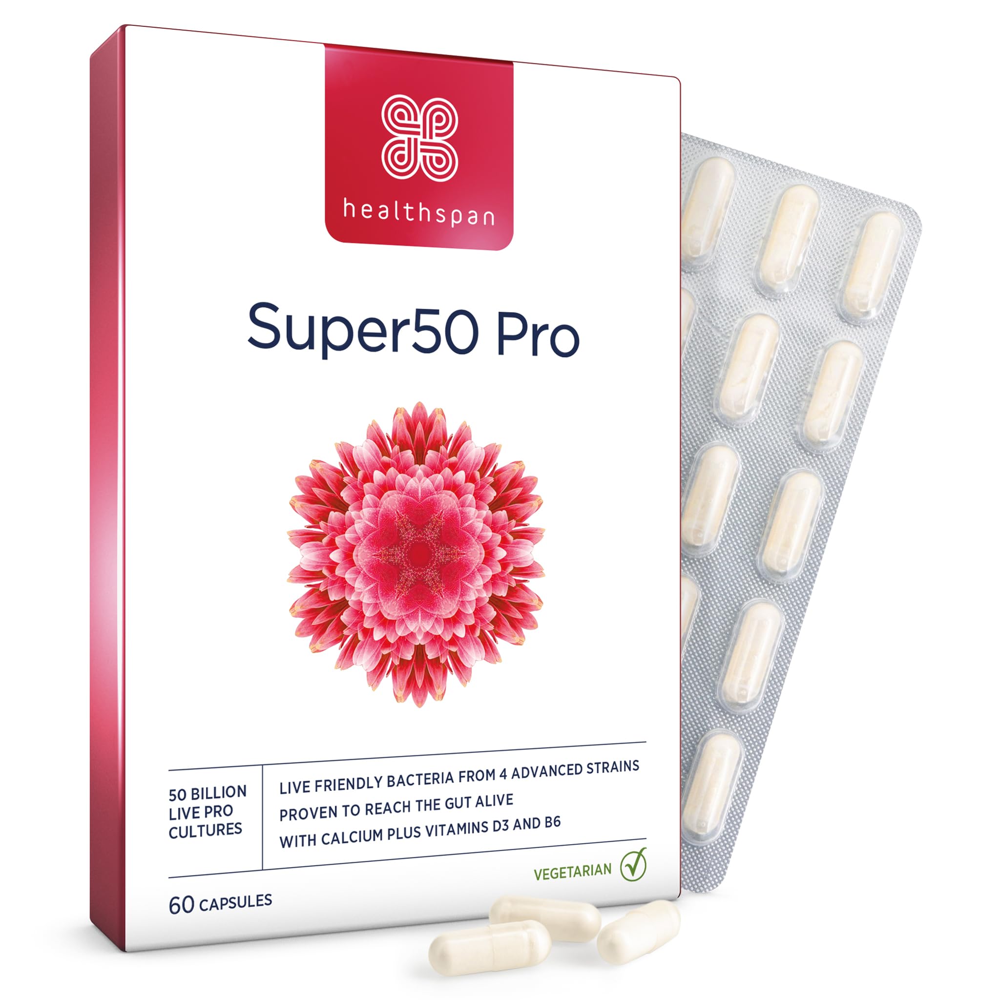 Healthspan Super50 Probiotikum | Unterstützung für eine gesunde Darmflora mit Vitamin D3 und Calcium | Reduziert Müdigkeit mit Vitamin B6 | Hochwertige Formel | Laktosefrei | Vegetarisch | 60 Kapseln