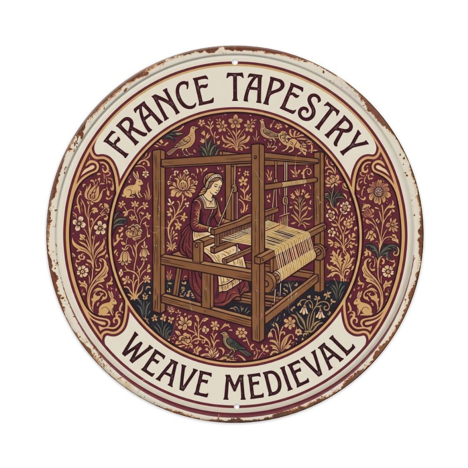 Tapestry Weave Medieval France Craft Metal Tin Sign Plaque Wall Decor for Cafe, Club Bar, Office, Home Garden Round Metal Poster 8x8Inch