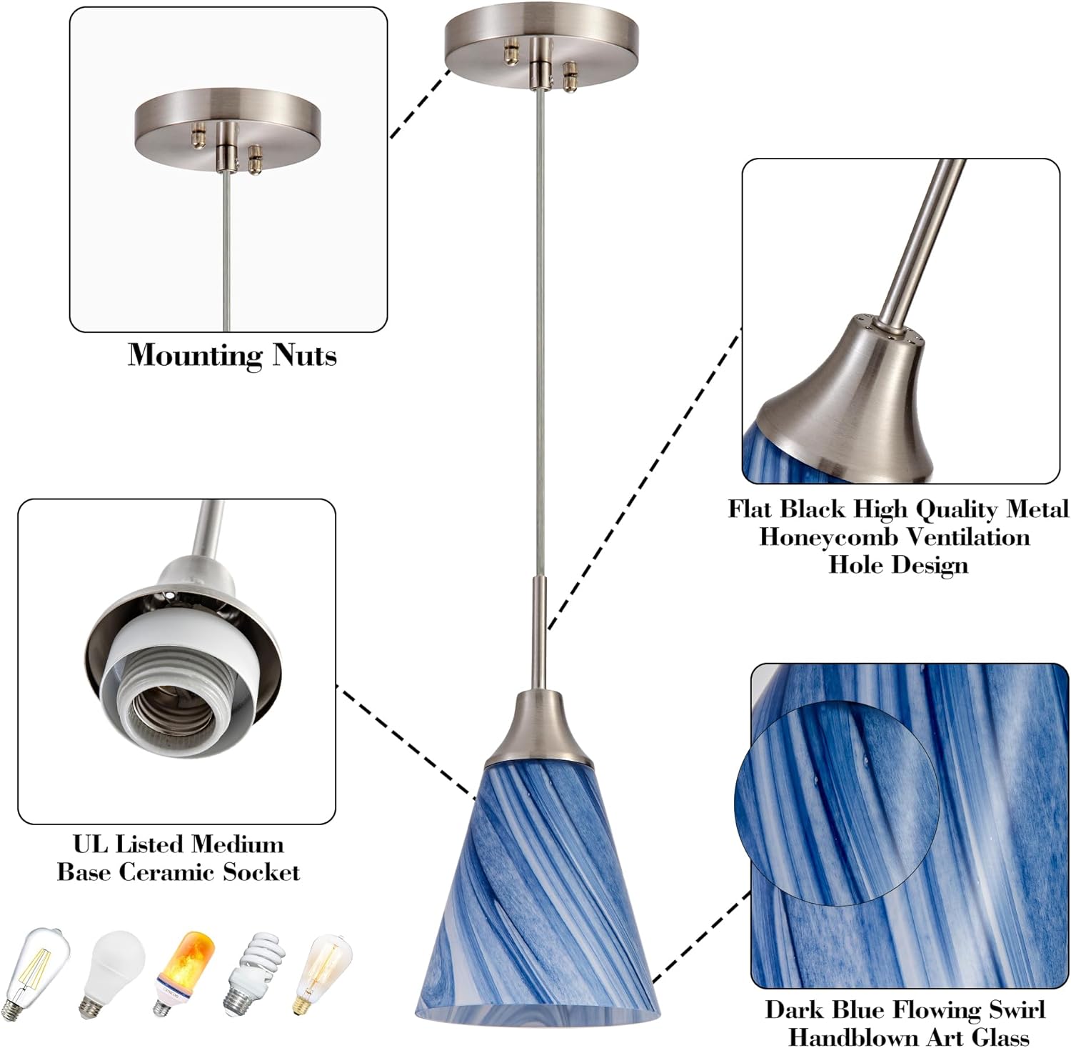 Viinew Mini Glass Pendant Light 1-Pack Dark Blue Marble Art Glass Pendant Lights Kitchen Island 5.9" Brushed Nickel Finish Hanging Light for Kitchen Over Sink,Dining Room,Foyer,Hallway