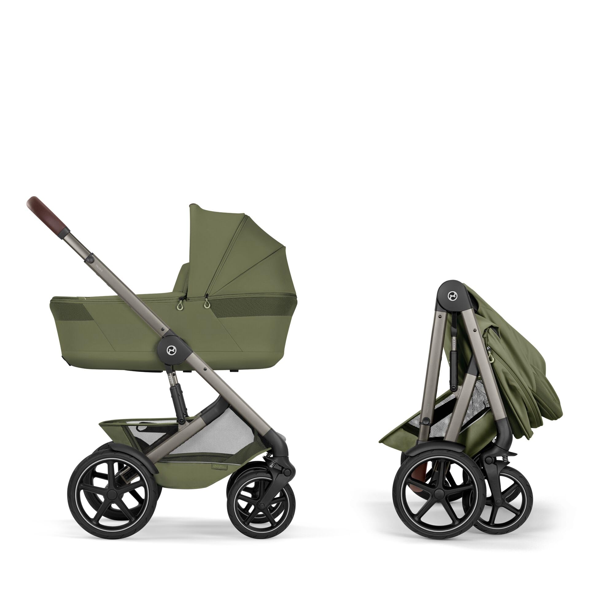 CYBEX Gold Poussette TALOS S LUX & nacelle Fold Cot, Moss Green | De la naissance à 4 ans, jusqu'à 22 kg max, nacelle pliable, système de voyage tout-terrain, capote XXL UPF50+