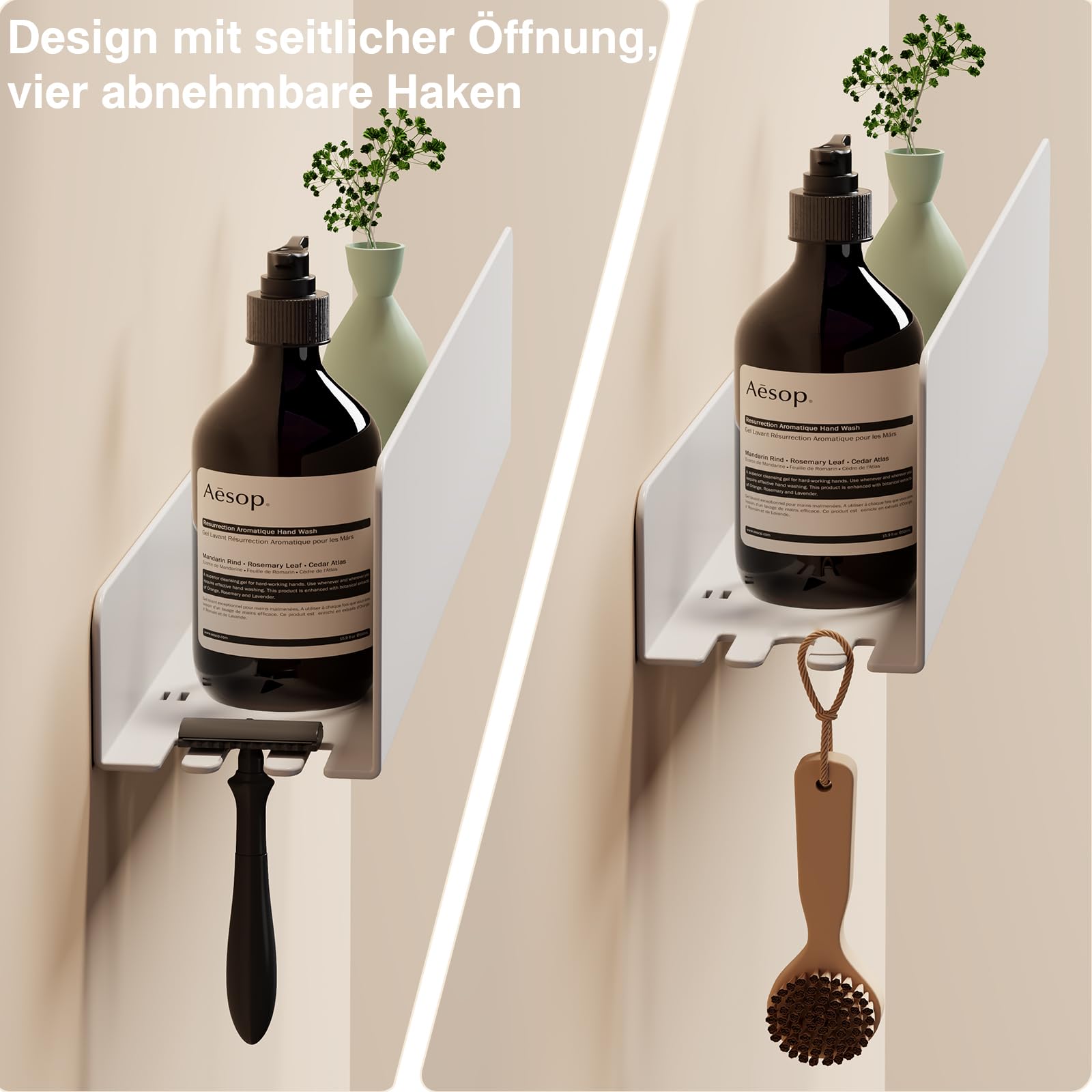 REKITA Duschablage ohne Bohren - 2 Stück, Badezimmer Organizer, Duschablage Edelstahl mit 4 Abnehmbaren Haken, Shampoo Halterung für Dusche, Hängeregal, Badregal Weiß