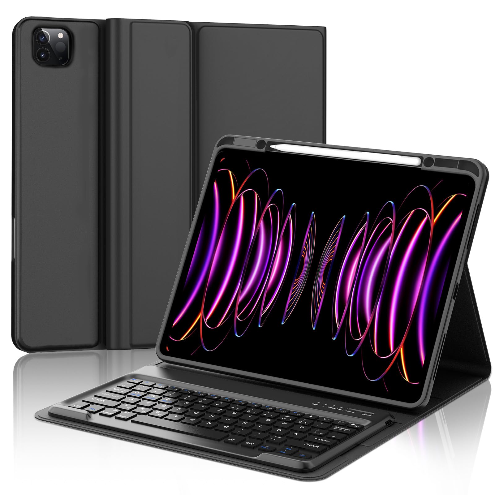 IVEOPPE Tastatur Hülle für iPad Pro 12,9 Zoll 6/5/4/3 Generation, Magnetisch abnehmbar mit Deutsches QWERTZ Layout Keyboard für iPad Pro 12.9", Soft TPU und Leder, Schwarz