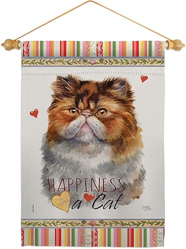 Breeze Decor Juego de banderas de jardín de felicidad persa, clavija de madera, gato, gatito, miow, pata estropeada, mascotas, naturaleza, granja,