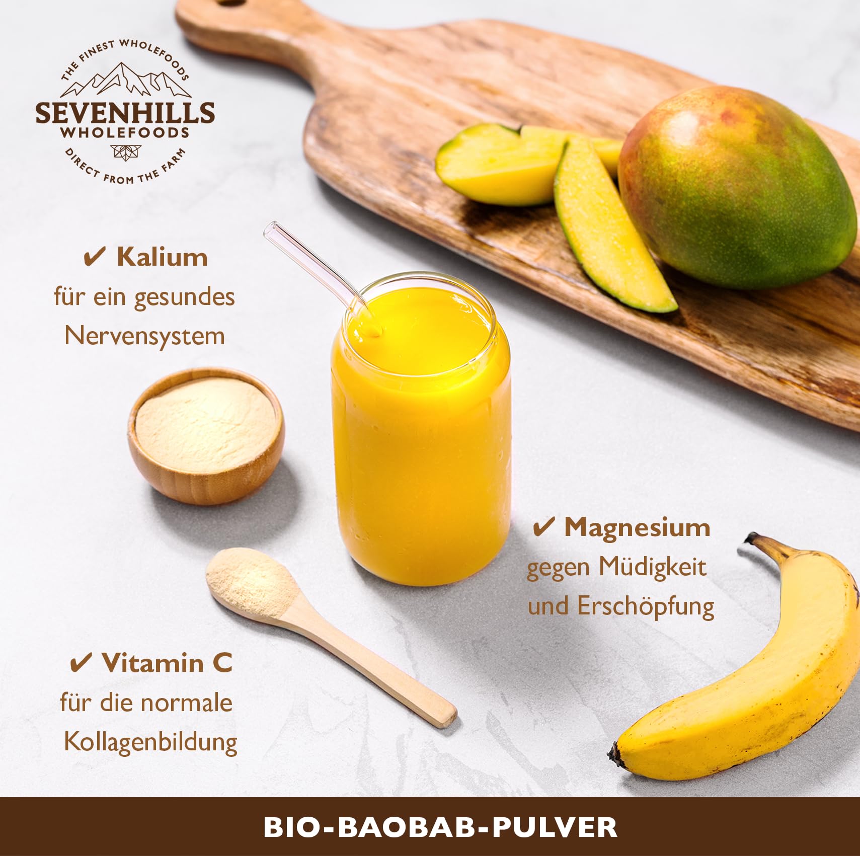 Sevenhills Wholefoods Baobab Pulver Bio 1kg, Affenbrotbaum Fruchtpulver, handverlesen in Südafrika, baobabpulver