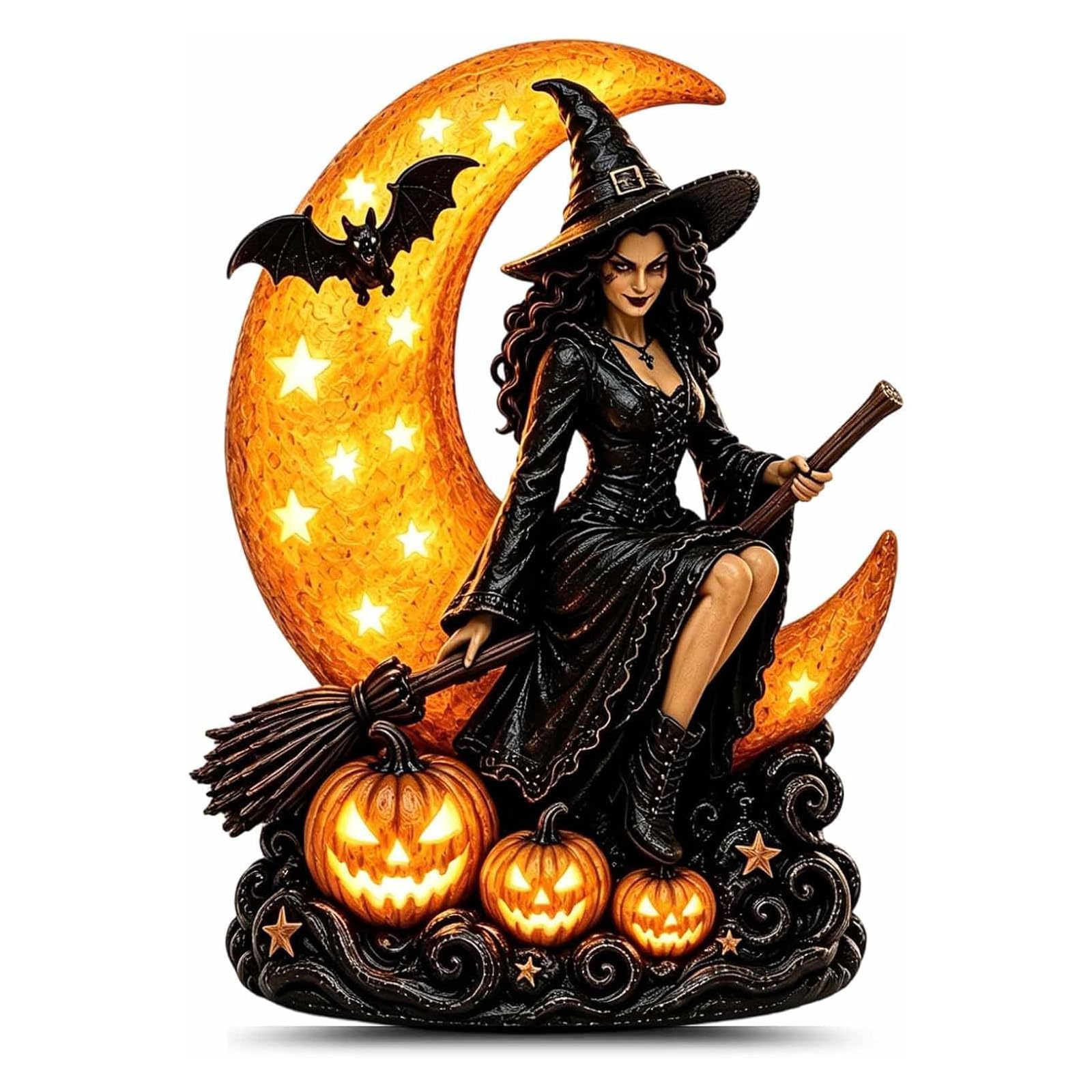 HOUKUNKA Lighted Witch on Crescent Moon with Pumpkins LED Halloween Tabletop Lamp (1PC)