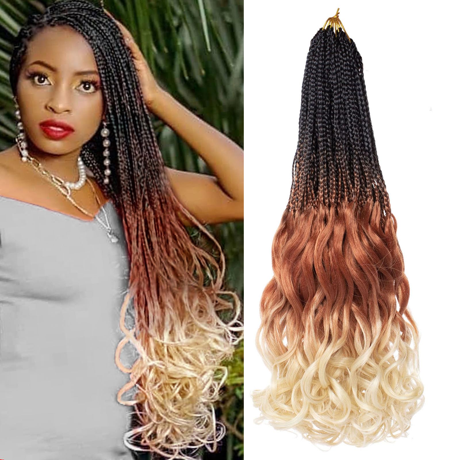 RuiYok 18 Inch French Curl Crochet Braids 9 Packs Ombre Brown Blonde Bohemian Goddess Box Braids with Curly Ends Synthetic Loose Wave Bouncy Braiding