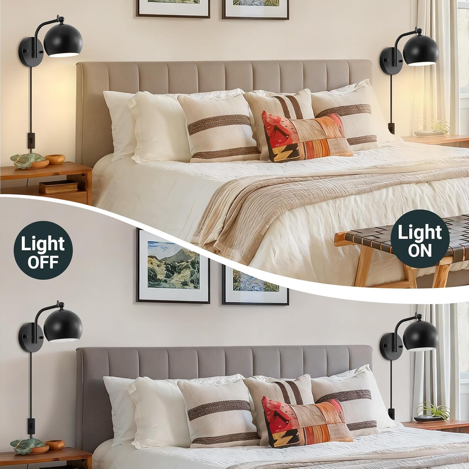 Plug in Wall Sconces Set of 2, Adjustable Angle Black Wall Lights with Plug in Cord & On/Off Switch, Bedside Wall Mounted Lamp with Globe Shade for Bedroom Living Room Bathroom(2 Bulbs Included)