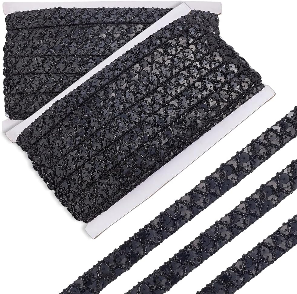 OLYCRAFT 2 Roll 21.9 Yard Black Sequin Ribbon Trim 15mm Wide Flat Bling Paillette Trimming Shiny Sewing Paillette Ribbon Glitter Sequin Trim for Handmade Crafts Supplies Sewing Cloth Party Decoration