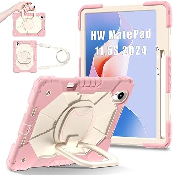 Shoulder Strap Tablet Case for Huawei MatePad 11.5 S/11.5 inch TGR-W09, Heavy Duty Shockproof Protective Cover with Kickstand, Handle, Shoulder Strap for Kids Women Man Rose Gold