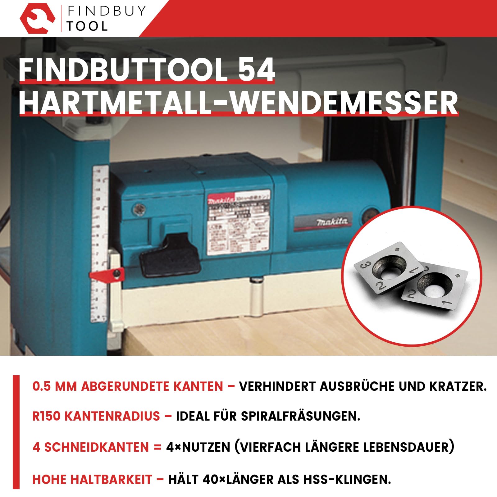 FindBuyTool Spiralmesserwelle für Makita 2012NB Dickenhobelmaschine, 12'' (304 mm) Helical Cutterhead mit 4-Reihen Spiraldesign, Hobelwelle mit 54 Hartmetall, Geräuscharm & Verbesserte Spanabfuhr