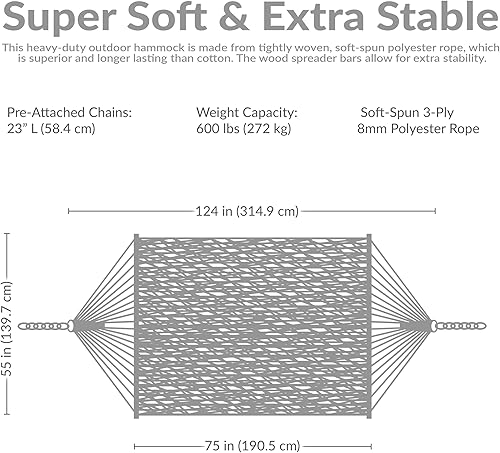 Miniatura 6 de Sunnydaze - Hamaca doble de cuerda de poliéster hilado suave para exteriores, capacidad de peso de 600 libras, hamaca extra grande, color azul