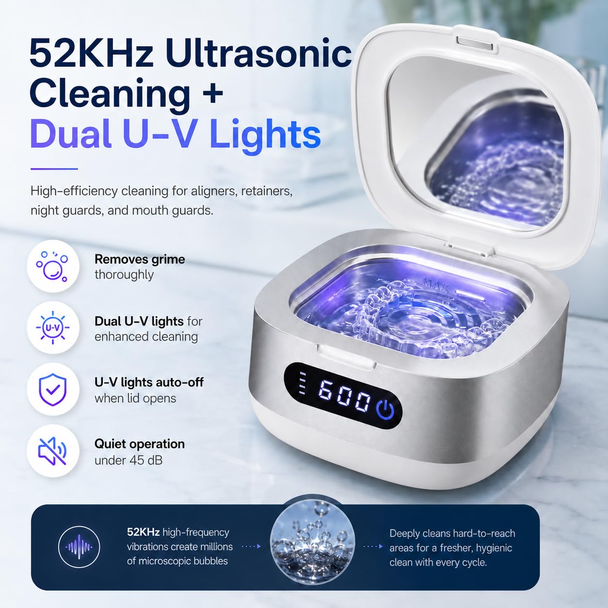 Voraiya Nettoyeur Ultrasons pour Gouttière Dentaire, Dental Pod Compact et Silencieux, Batterie 4000 mAh, IPX7 Étanche, Réservoir 166 ml, pour Aligneur, Appareil Dentaire