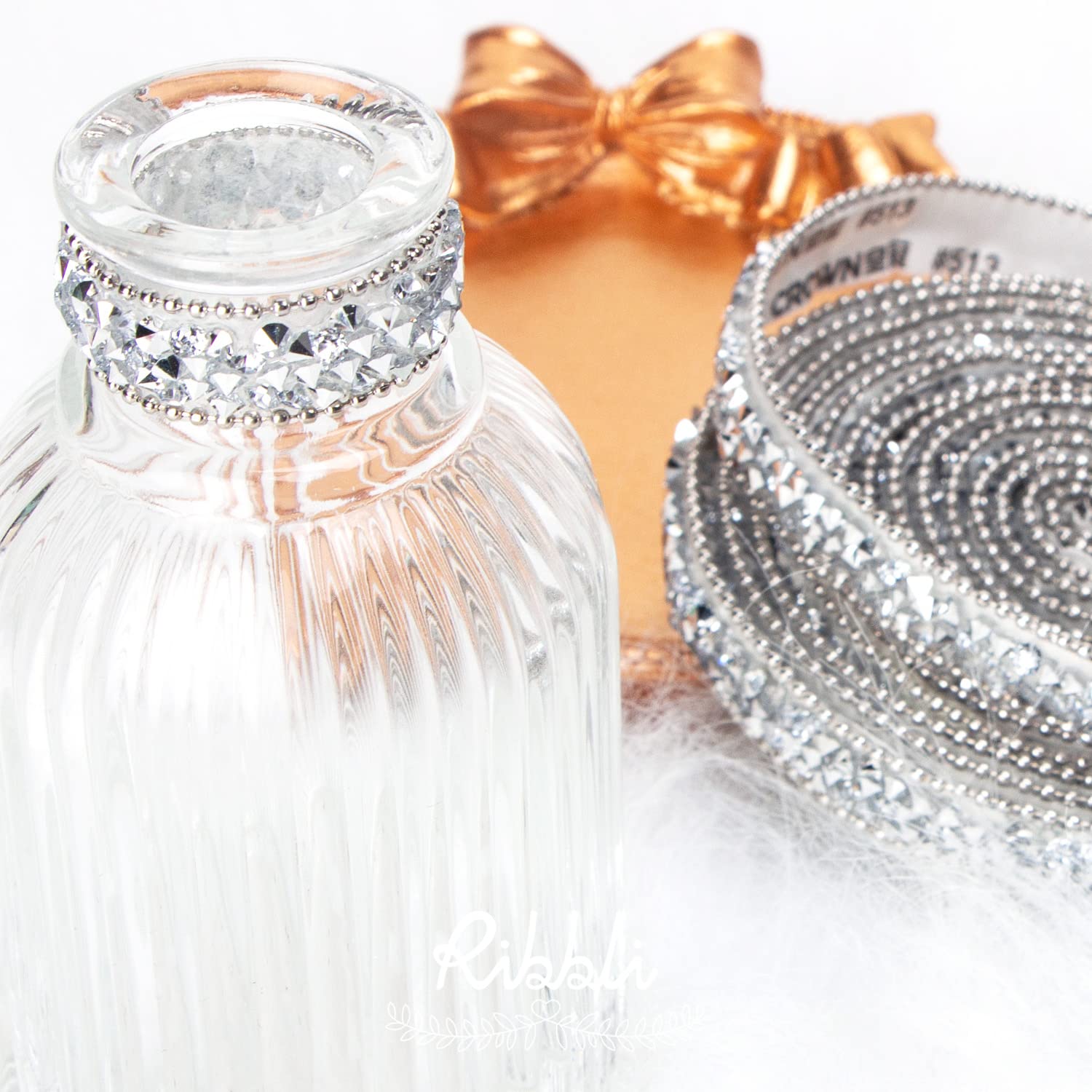 Ribbli Self Adhesive Resin Rhinestone Strips Diamond Ribbon,Rhinestone Sticker for Crafts,Silver Bling Wrap Roll Use for Cake Decoration(Silver,3/8 Inches x 3 Yards)