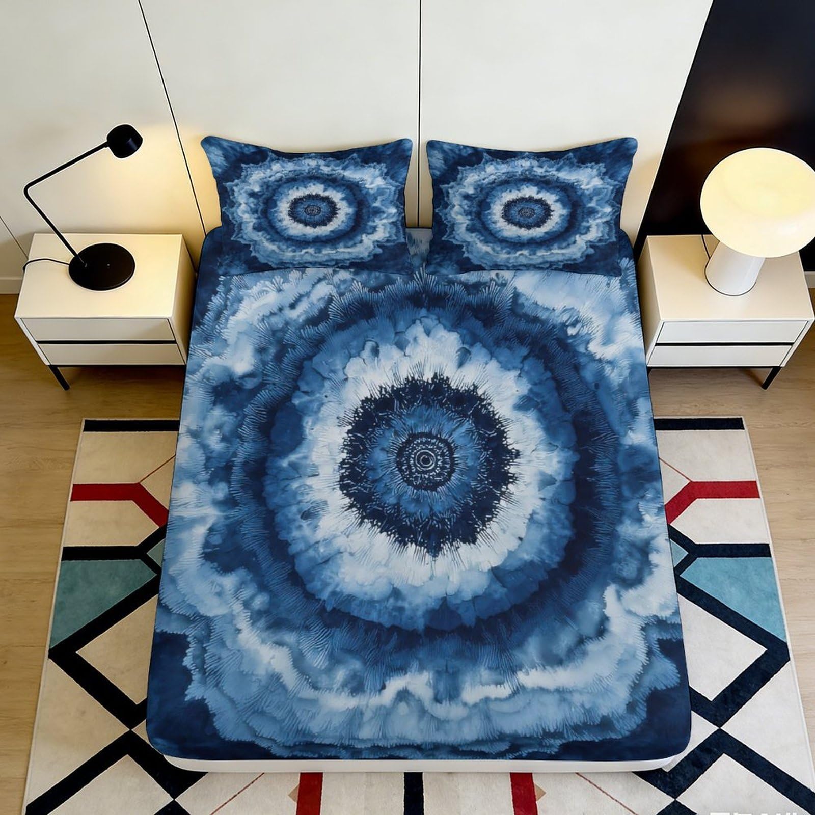 Dhbaneiok Style-2 3D Printed Blue Tie Dye Fitted Sheet Microfiber Soft Anti-Slip Mandala Mattress Cover Bedroom Home Decor Machine Washable 90X200x25cm