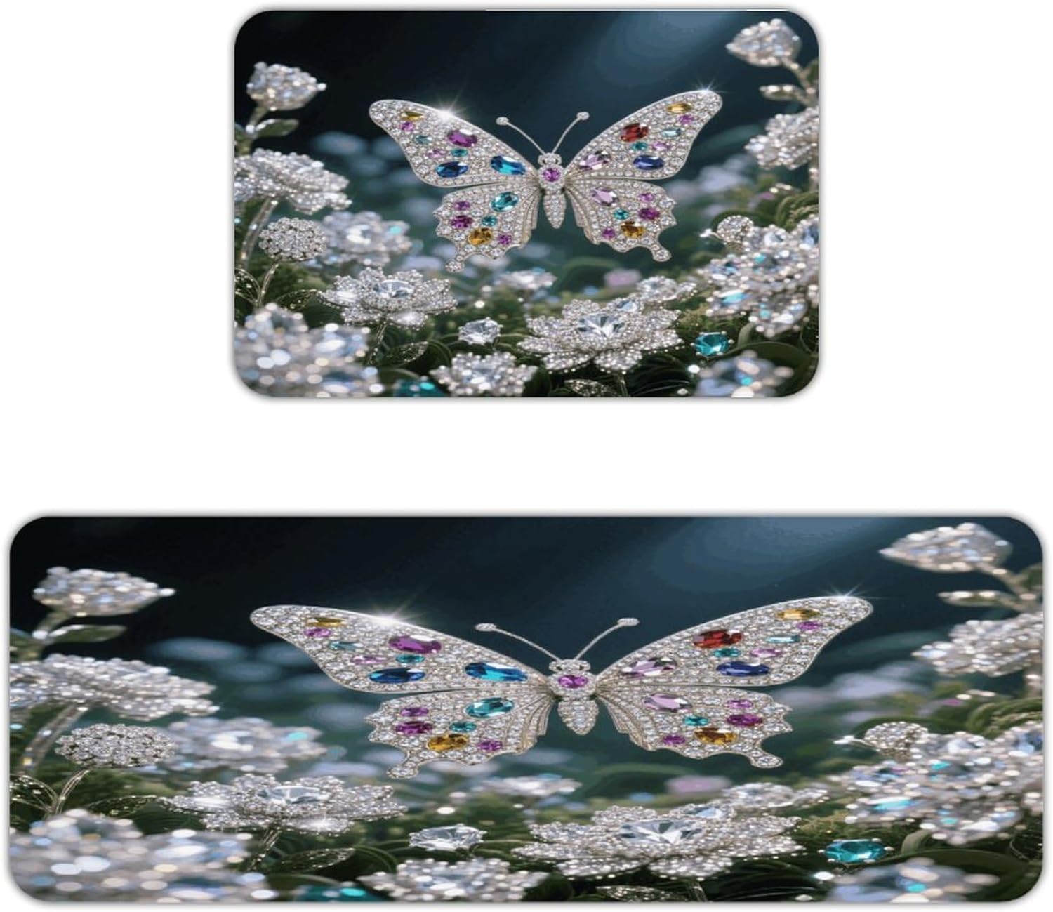 Jewel - Butterfly Kitchen Mat Set of 2 Ergonomic Comfort Velvet Rugs Cushioned Anti-Fatigue Non-Slip Standing Mats Thick Kitchen Floor Mat Carpet Runner Rugs 16"×24"+17"×47"