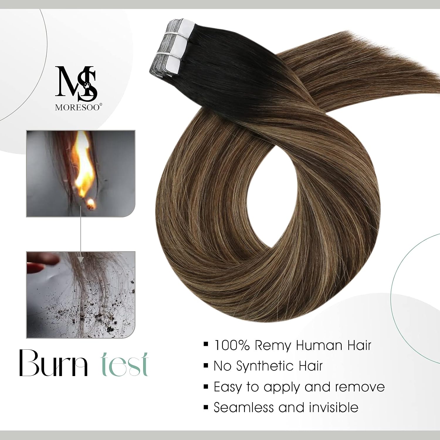 Moresoo Tape in Hair Extensions Human Hair 16 Inch Balayage Natural Black to Dark Brown with Dark Blonde Tape in Real Hair Extensions Ombre 20 Pieces/50g #1B/4/14 - Image 3