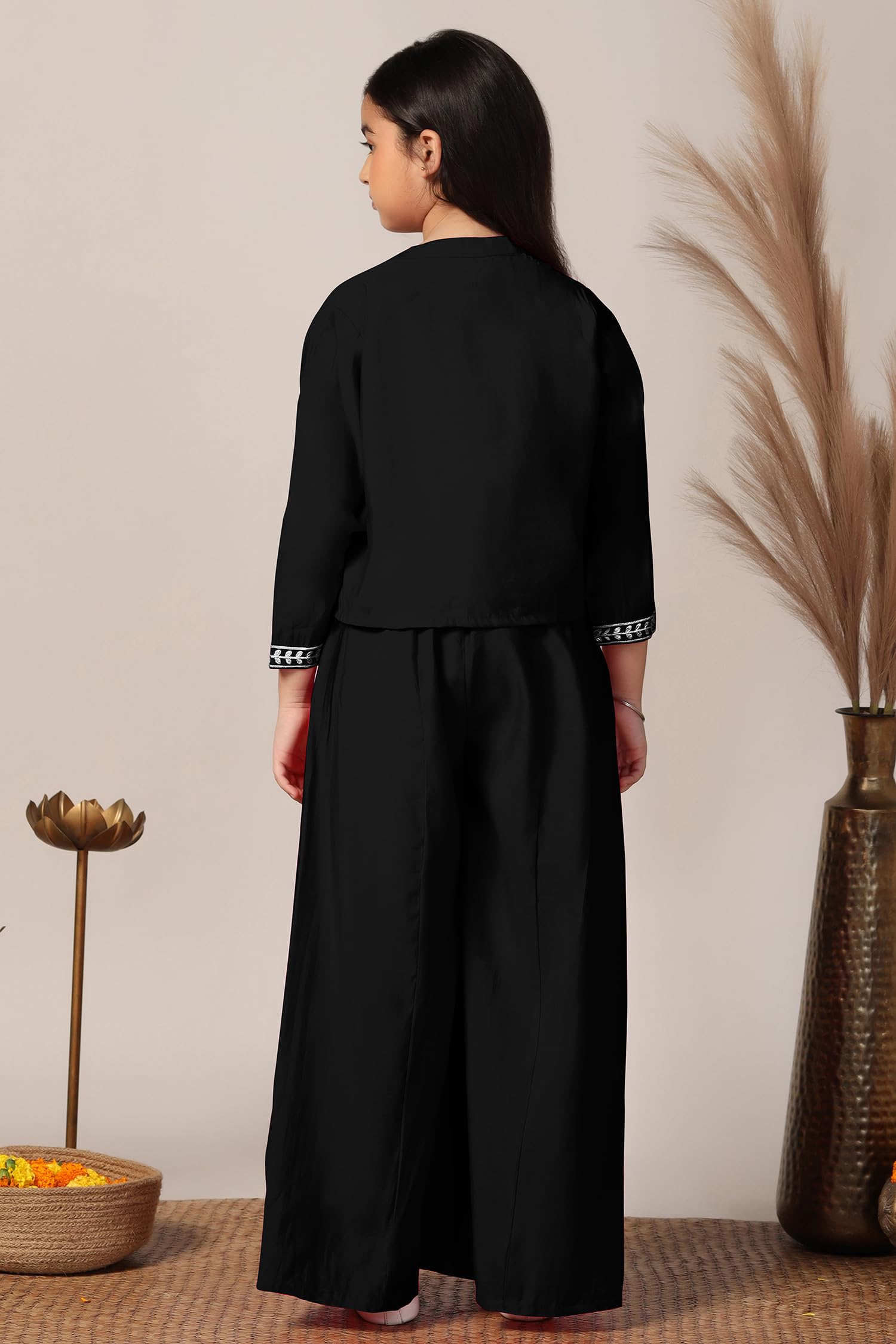 Jwalin Girl's Silk Blend Ethnic Top and Palazzo Set|Kids Salwar Suit Set|Embroidered Suit for Girls|Ethnic Wear|Indo Western Set (JWGSET00436 BLK 36_Black_11-12 Years) - Image 2 thumbnail
