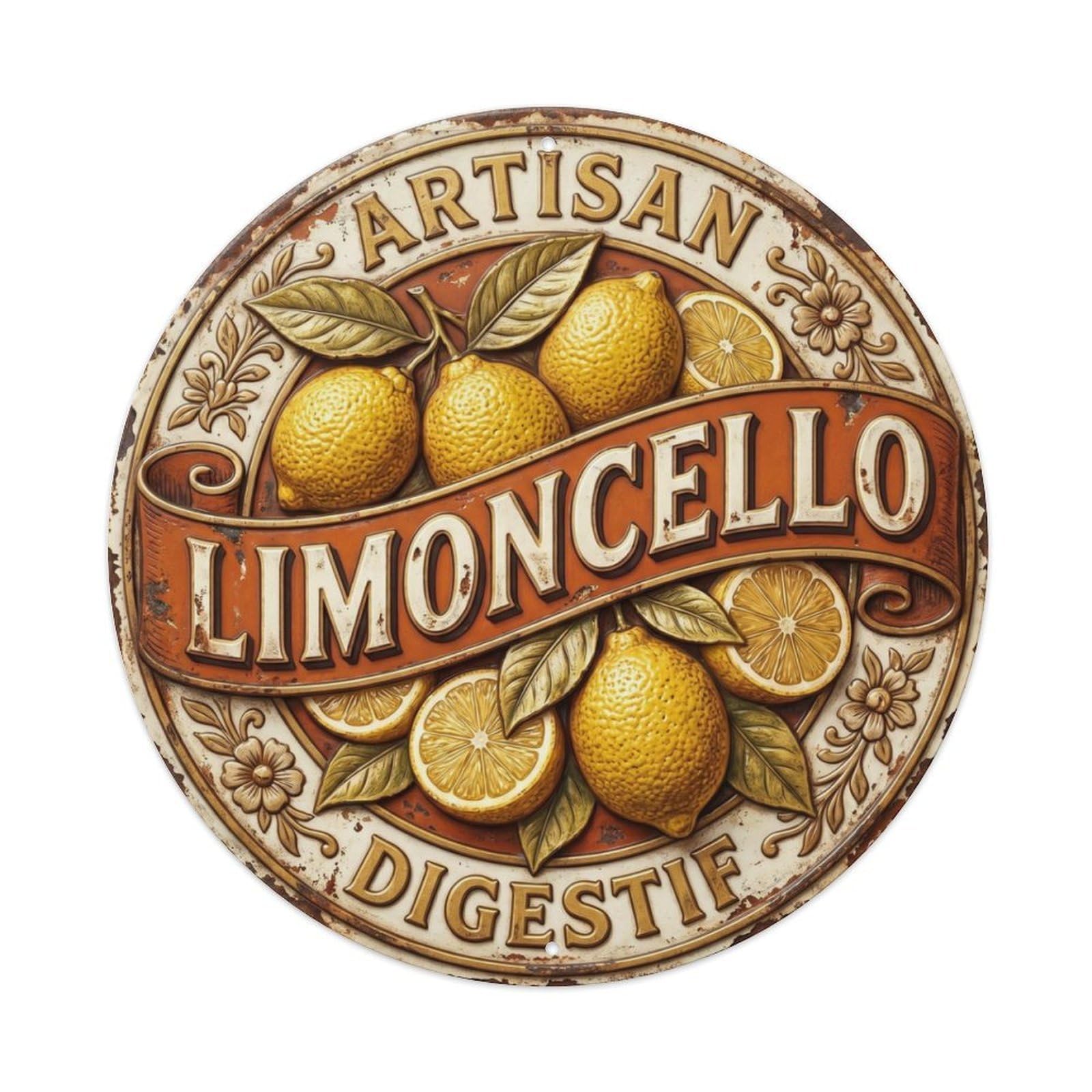 Fqcyn Style Artisan Digestif Limoncello Metal Tin Sign Plaque Wall Decor For Cafe, Club Bar, Office, Home Garden Round Metal Poster 8X8inch
