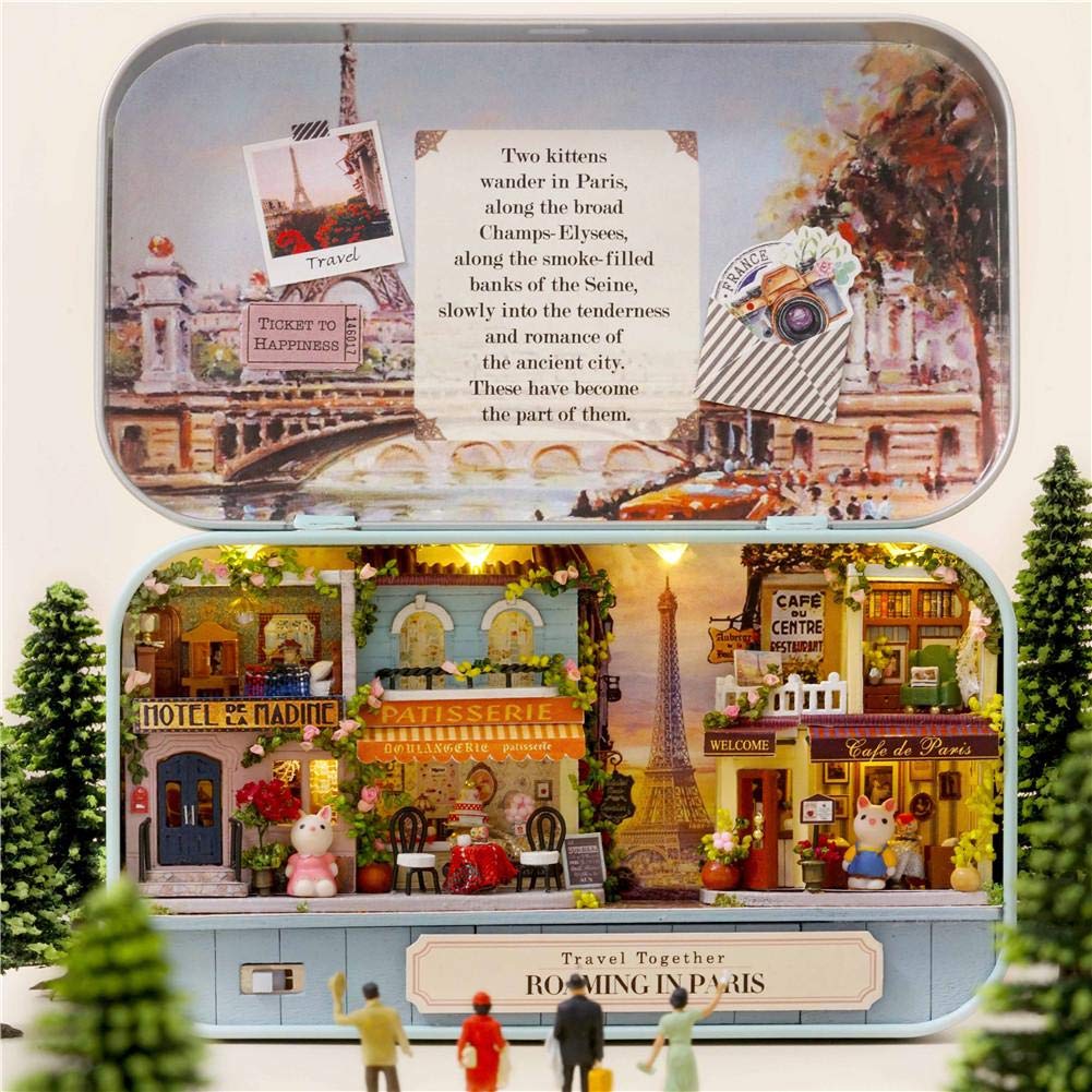 Prom-noteDIY Dollhouse Kit, Creative Iron Box Handcraft Miniature Kit Mini Wooden Miniature Dollhouse 3D Retro Theatre Box With Furniture LED Lights For Birthday Children's Day Valentine's Day