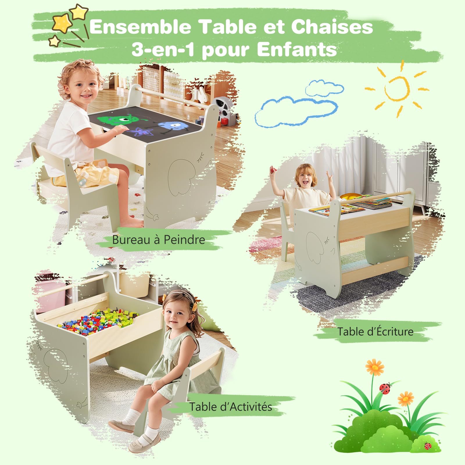 GOPLUS Table Enfant avec Chaise, 3 en 1 Bureau Enfant en Bois avec Rangement, Tableau Reversible Blanc/Noir, Porte-Rouleau de Papier, Petite Table d'Activités pour Dessiner Manger Etudier (Vert)