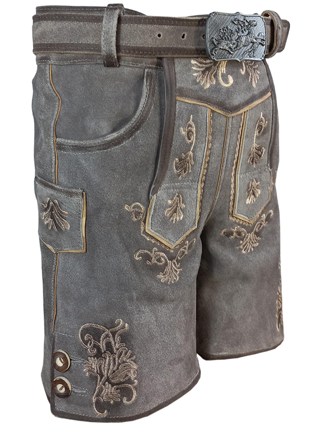 Kinder Trachten Lederhose kurz, wildbockleder, Weiches Veloursleder, Antik Smoke, Matteo Gr 80 bis 164
