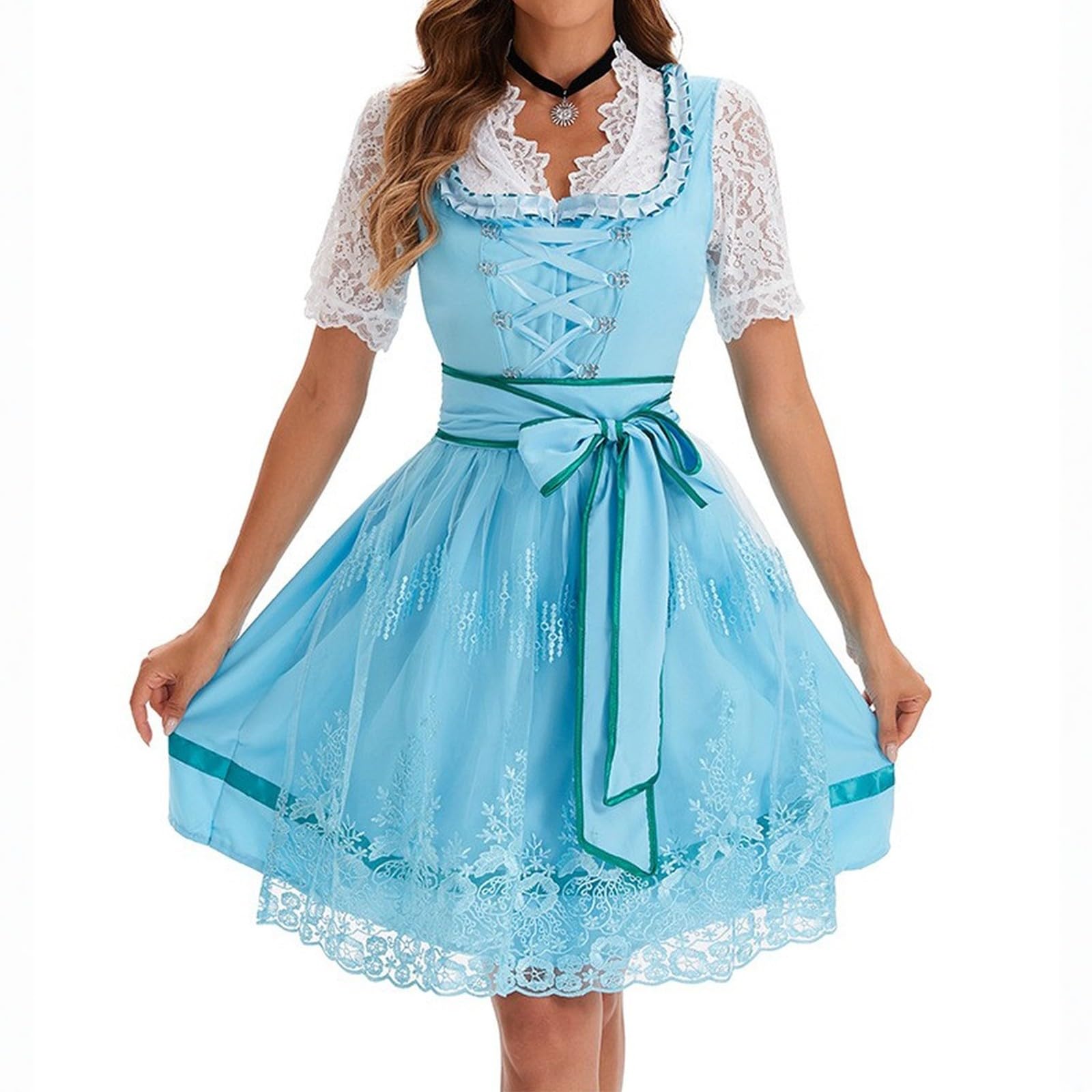 Dirndl Blau Damen Midi Trachtenkleid Dirndlbluse Spitze Dirndlschürze Schleife Dirndl-Komplettsets 4 Teilig Trachten Oktoberfest Damen Outfit Dirndlkleid Trachtenmode Einfarbige Trachtenrock