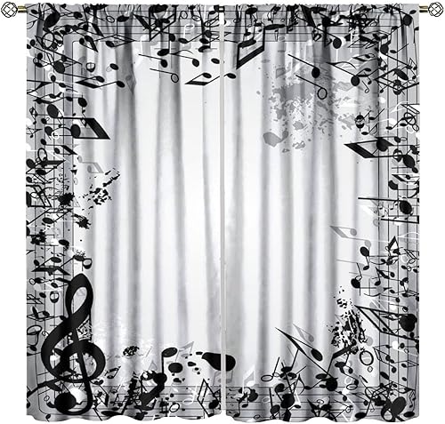 Cortinas musicales, notas musicales retro, notas musicales vintage, patrón temático para decoración de habitación, cortinas opacas impresas para