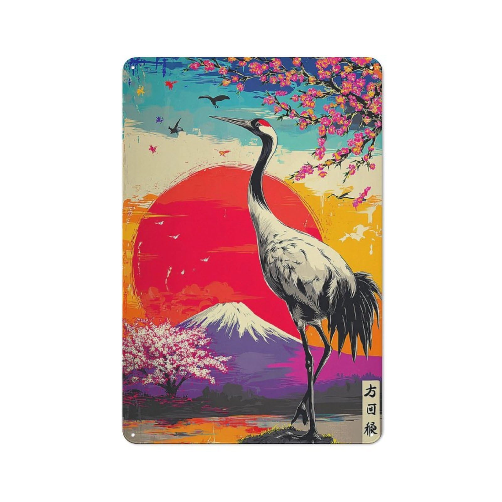 Nostalgic Japanese Crane Sunset Landscape Metal Wall Sign 30x20cm, Classic Pub Decor for Bar, Kitchen, Garage Or Games Room