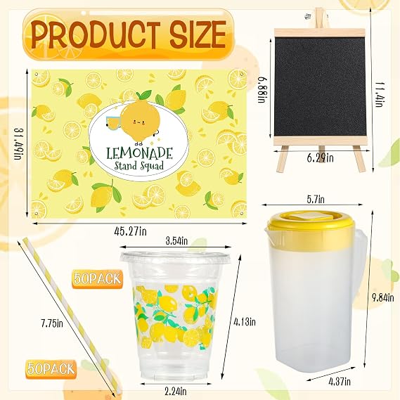 CIEOVO Lemonade Stand Supplies Set, 50 Pcs Lemonade Party Cups with Lids and Paper Straws Tablecloth Banner Pitcher and Wooden Blackboard for Summer Lemon Party Stand Decorations