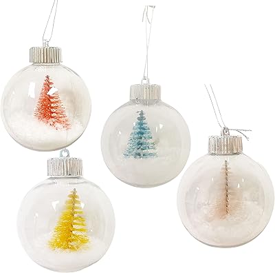Set of 4 Christmas Clear Bulb Ball Ornaments w/ Snow & Christmas Tree in Pastel Color (8cm)