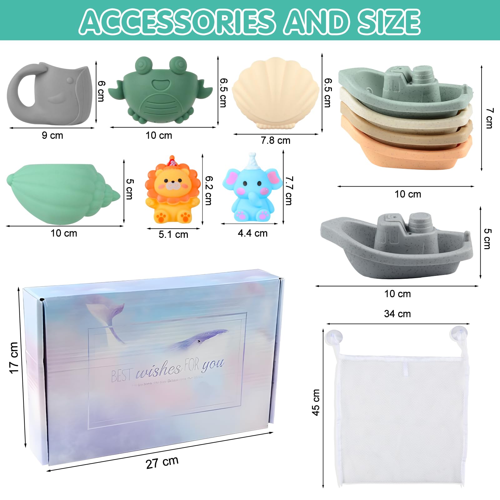 Giochi Bagnetto, 16 Pezzi Giocattoli da Bagno per Bambini con Tazza a Cascata Barchette da Bagno Impilabili e Giocattoli Animali Giungla,Giocattolo a Acqua per Bagno, Piscina, Spiaggia