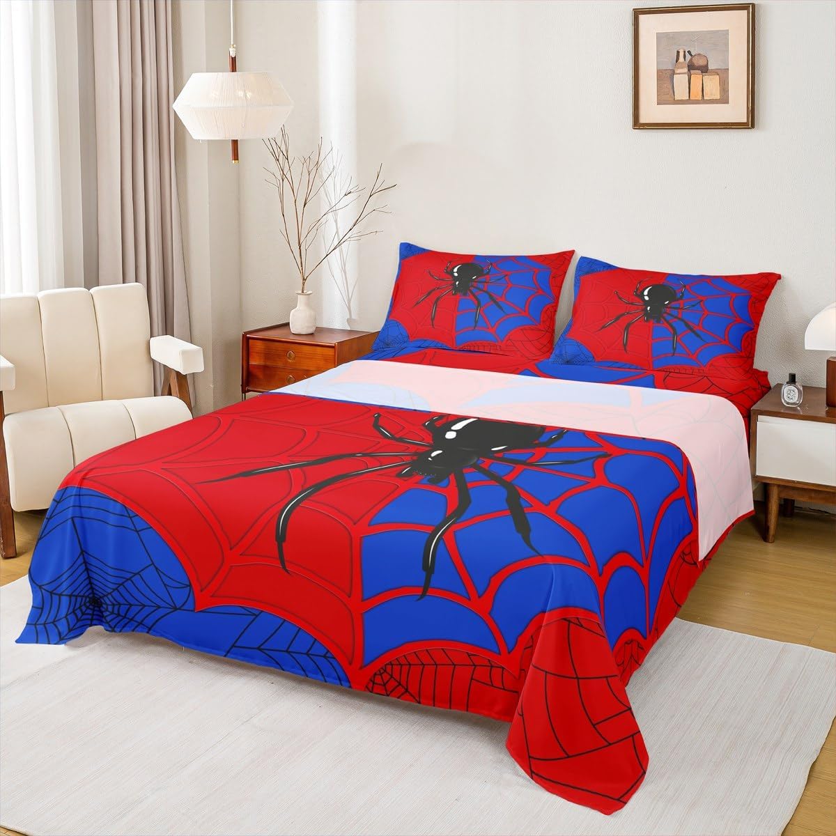 Spider Web Kids Sheet Full Size,Black Spider Arachnid Insect Animals Bedding Set,Boys Girls Women Men Room Decor,Halloween GothicRed Blue Unique Bed Sheet Set 4pcs(Fitted + Flat + 2 Pillowcases)