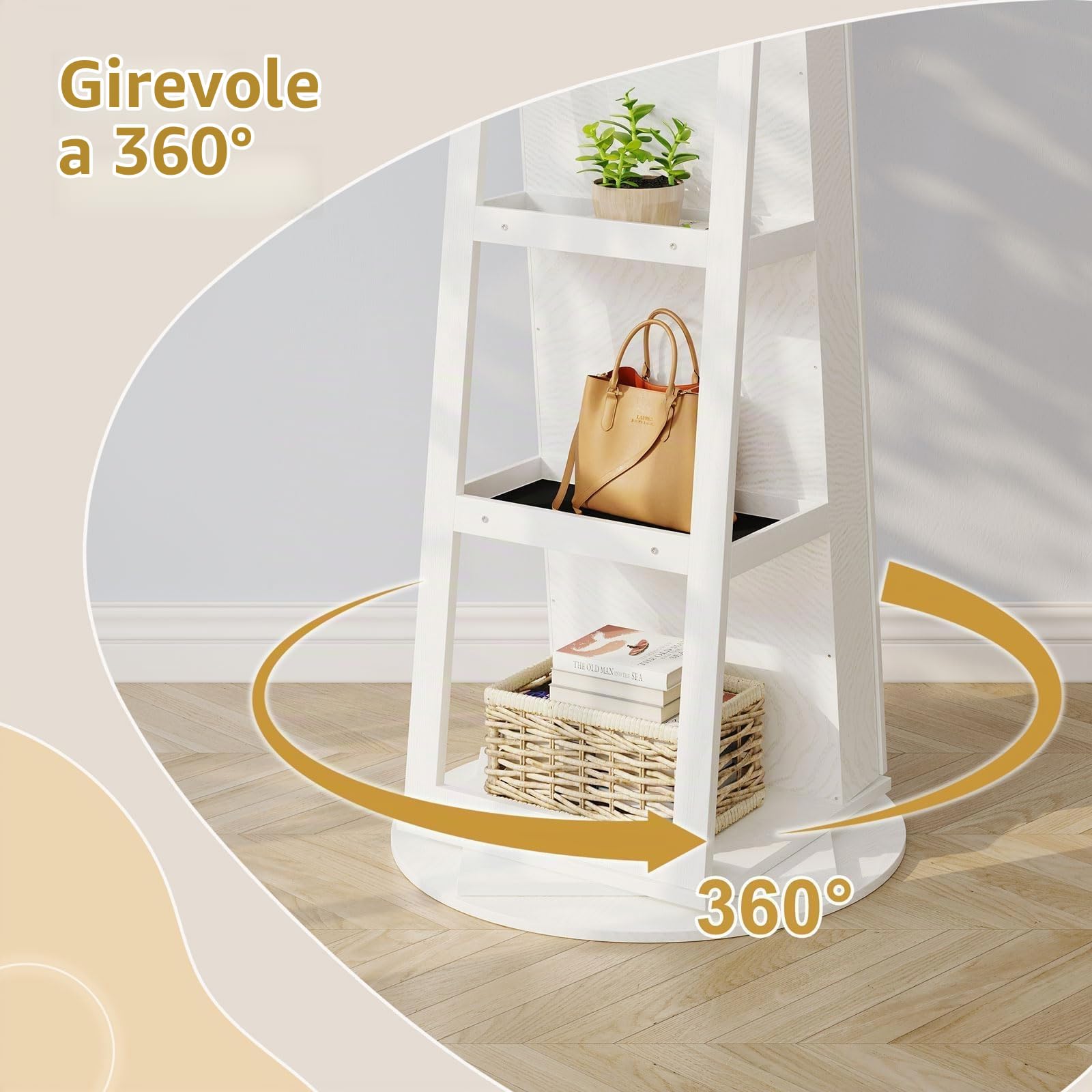 Dripex Armadietto per gioielli con specchio, specchio in piedi, con specchio e specchio interno, organizer per gioielli con ripiani 3 in 1, girevole a 360°, richiudibile, bianco